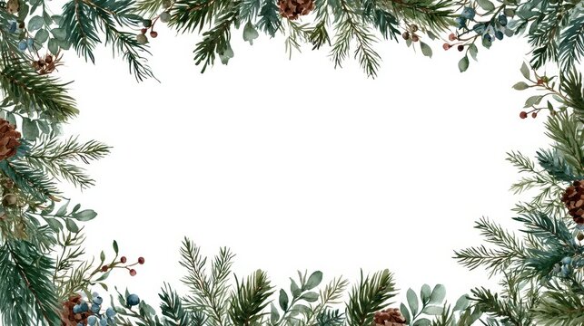 Watercolor christmas frame with pine branches, cones and berries isolated on white background