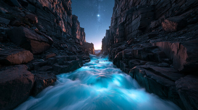 Glowing River Flowing Through Rocky Canyon Under Starry Night Sky
