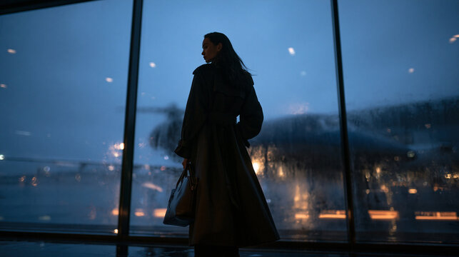 Businesswoman Standing in Airport Terminal Looking at Airplane at Night