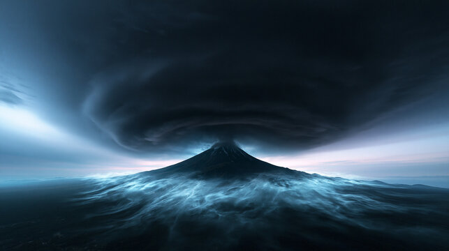 Dramatic Storm Cloud Swirling Over Volcanic Mountain Peak