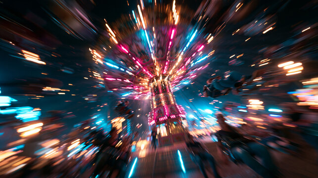 Spinning Chain Carousel Ride with Dynamic Motion Blur at Night