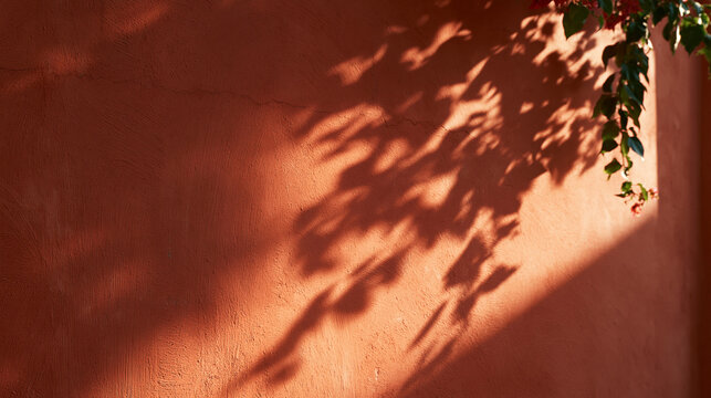Plant Shadow on Terracotta Wall Background with Copy Space