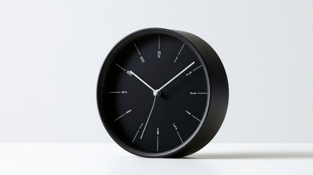Minimalist black wall clock with white hands and numbers isolated on white background