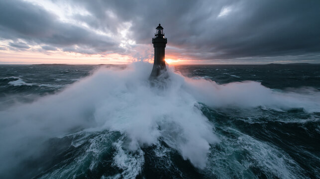 Lighthouse Standing Strong Against Waves in Stormy Sea at Sunset