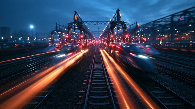 High Speed Trains with Light Trails on Railway Tracks at Night