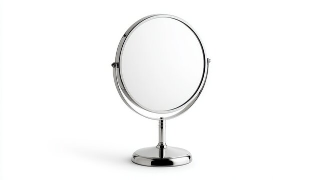 Minimalist chrome tabletop makeup mirror isolated on white background
