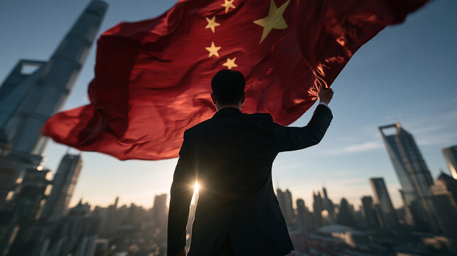 Businessman Holding Chinese Flag Overlooking Shanghai City Skyline