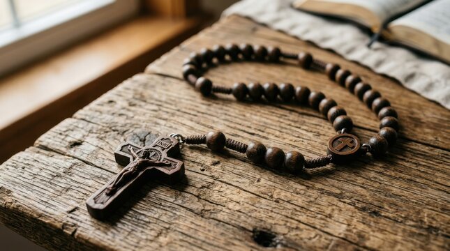 A wooden rosary with a crucifix rests on a weathered wooden surface illuminated by natural light prayer beads catholic religious devotion christianity