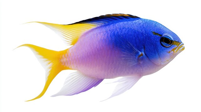 Colorful blue damselfish with yellow tail isolated on white background