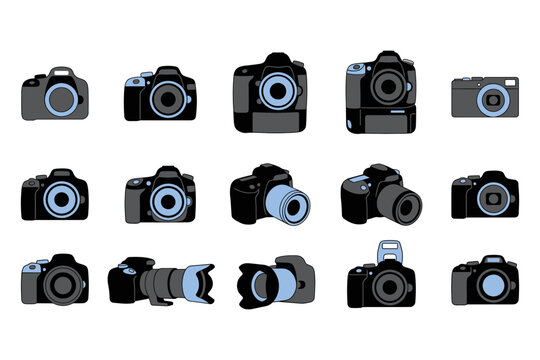 Set of various digital camera icons featuring different models and lens styles in a flat vector illustration design