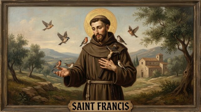 A classical oil painting depicts saint francis of assisi with birds perched on his hands and arms in a scenic landscape religious