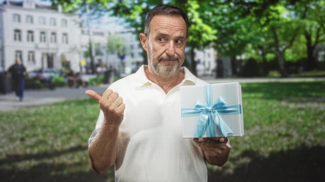 Man in white polo holding a gift box tied with blue ribbon and pointing thumb to left in a city park near buildings and trees; hesitation.