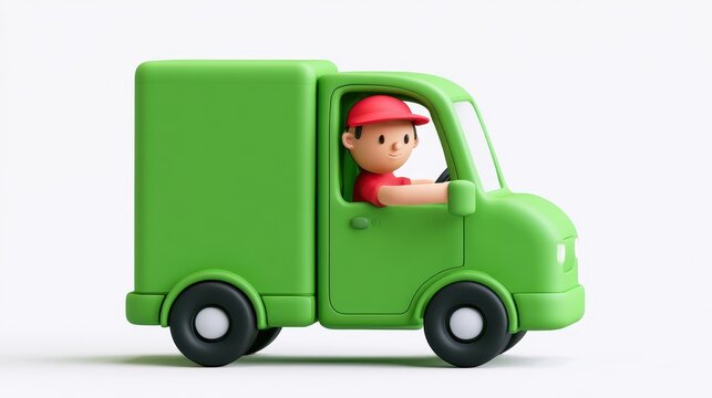 Cute 3d cartoon green delivery truck with driver character, isolated on white background