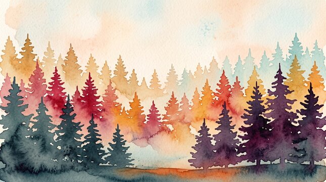 Autumn forest landscape. Colorful watercolor painting of fall season. Red and yellow trees. Beautiful leaves, pine trees. Minimal elegant flat scenery. Artistic natural scenery. Vintage pastel colors.