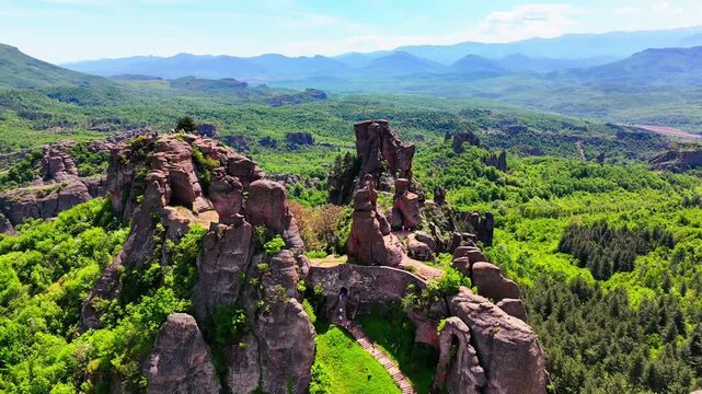 Aerial View of Belogradchik Rock Formations with Town in Background and Mountain Landscape Bulgaria