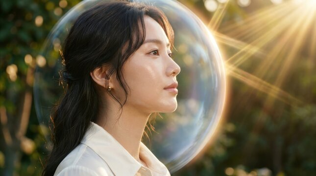 A young woman gazes thoughtfully forward framed by a large iridescent soap bubble in a sun drenched outdoor setting adult female portrait