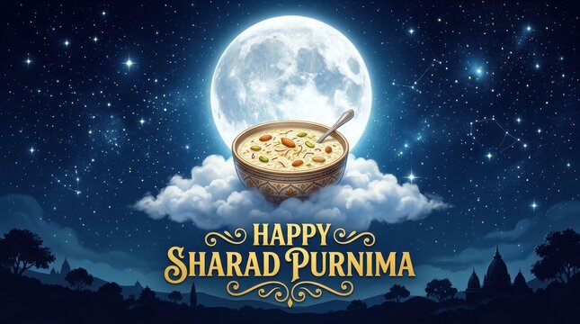 A bowl of kheer rests upon clouds beneath a full moon in a scenic nighttime illustration ricepudding sweetdish dessert indiancuisine fullmoon nightsky