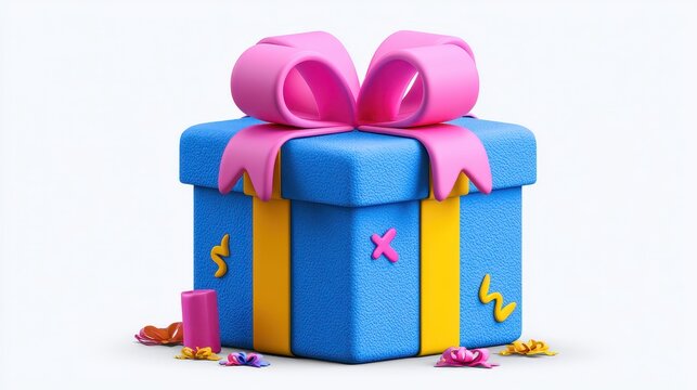3d rendered blue gift box with pink ribbon and yellow accents, confetti, isolated on white background
