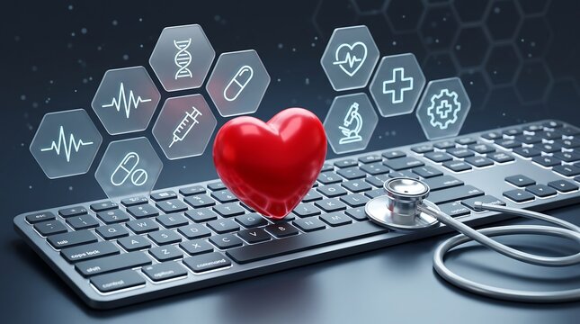 Red heart placed on computer keyboard with digital medical icons for healthcare technology and diagnostic online services representation
