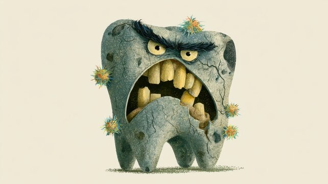 Angry cartoon tooth monster with cracks, decay, and germs, representing dental problems and oral hygiene issues