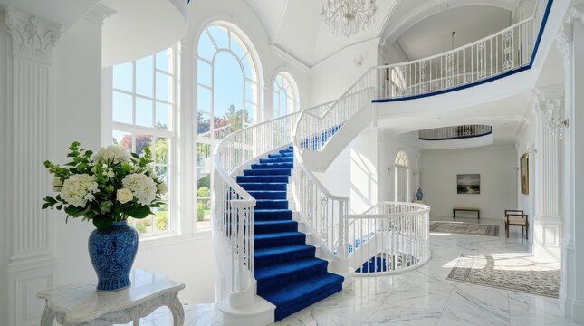 An interior view showcases a grand staircase with a blue carpet runner in a luxurious light filled hallway architecture banister ceiling column