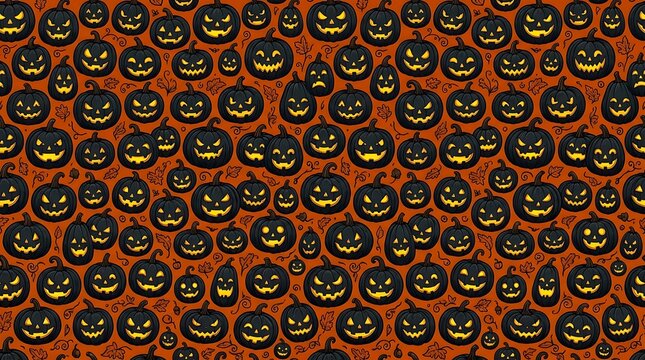 Seamless pattern of scary black jack o lantern pumpkins on orange background