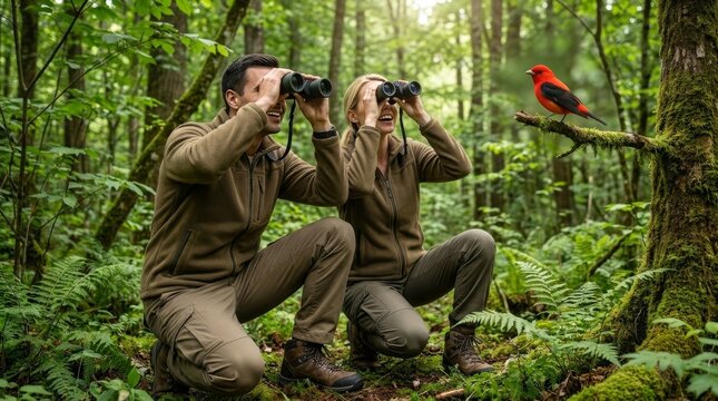 Two Birdwatchers with Binoculars Spotting Birds in a Lush Forest