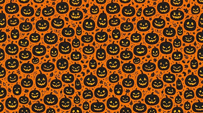 Seamless pattern with many scary jack o lantern pumpkins for halloween