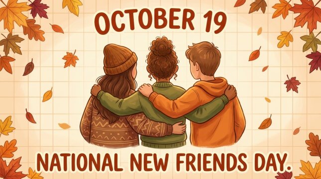 Three friends embracing each other with falling autumn leaves a vector illustration for national new friends day fall friendship companionship togetherness embrace