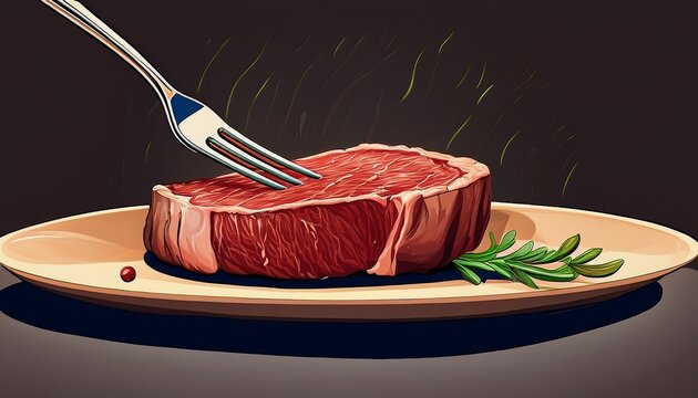 a simple graphic of a fork piercing a piece of raw steak on a presentation plate emphasizing the raw ingredients in food preparation