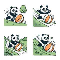 Four panels of a panda rolling with a ball.