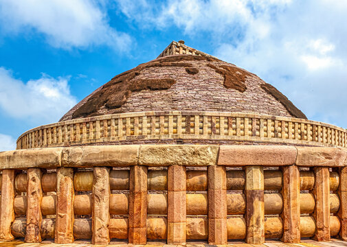 Ancient Great Stupa at Sanchi Buddhist Monument Complex in Madhya Pradesh, India