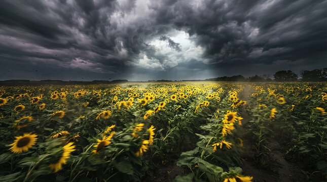 Wind-Swept Sunflower Field Under Approaching Storm