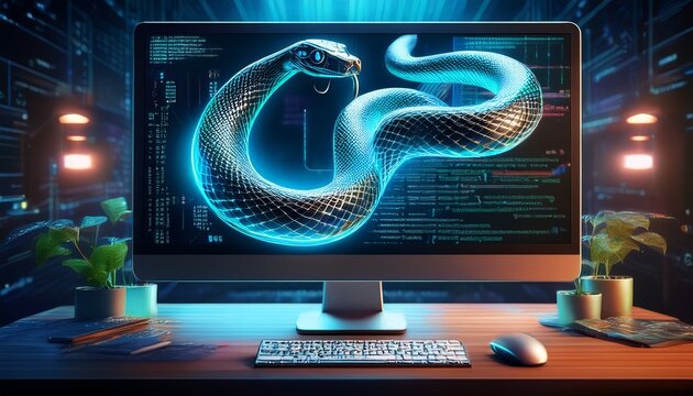 a computer screen displaying python code with a digital snake symbolizing python programming for data engineering