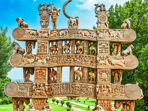 Intricately Carved Torana Gateway in Front of the Great Stupa at Sanchi, India