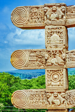 Intricately Carved Torana Gateway in Front of the Great Stupa at Sanchi, India