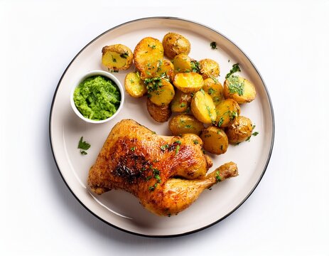 plate of jw chicken utilizing green circle organic chicken served with roasted potatoes and salsa verde arranged on a white round plate displayed against a white background in an aerial view