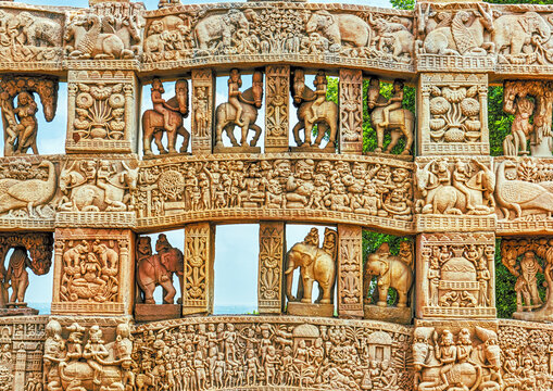 Intricately Carved Torana Gateway in Front of the Great Stupa at Sanchi, India