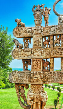 Intricately Carved Torana Gateway in Front of the Great Stupa at Sanchi, India