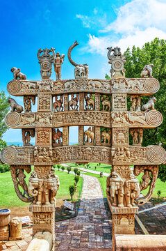 Intricately Carved Torana Gateway in Front of the Great Stupa at Sanchi, India