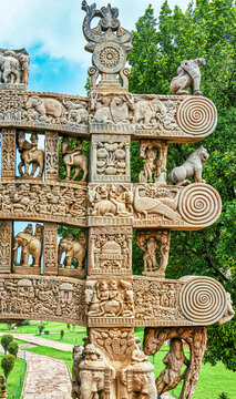 Intricately Carved Torana Gateway in Front of the Great Stupa at Sanchi, India