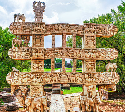 Intricately Carved Torana Gateway in Front of the Great Stupa at Sanchi, India