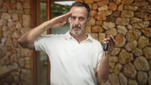 Middle aged man holding car key salutes with right hand in building doorway with stone wall backdrop and neutral expression; duty respect resolve.