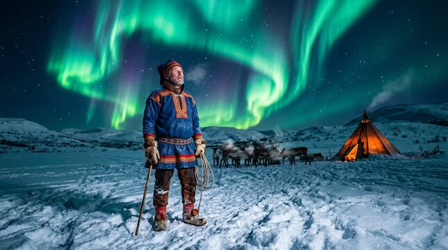 Sami man standing under Northern Lights in winter.