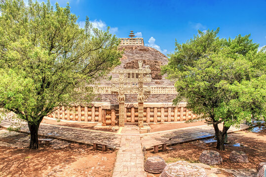 Great Stupa and Torana Gateway Framed by Trees at Sanchi, India
