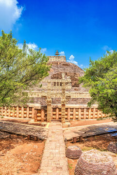 Great Stupa and Torana Gateway Framed by Trees at Sanchi, India
