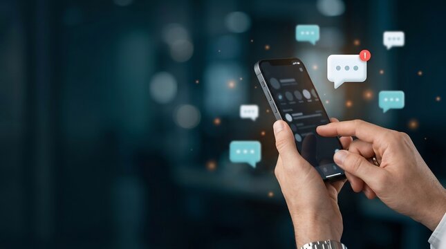 Hands using a smartphone with digital chat bubble notification icons and messaging symbols