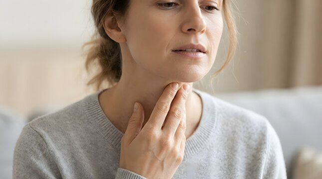 A young woman feeling unwell touching her throat while experiencing pain or discomfort from a sore throat infection