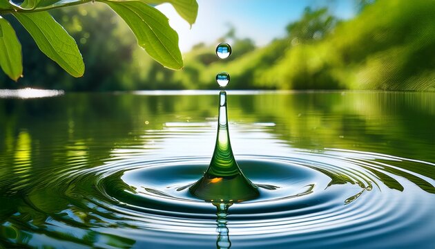 beautiful water drop creating ripples on a tranquil pond with green nature backdrop