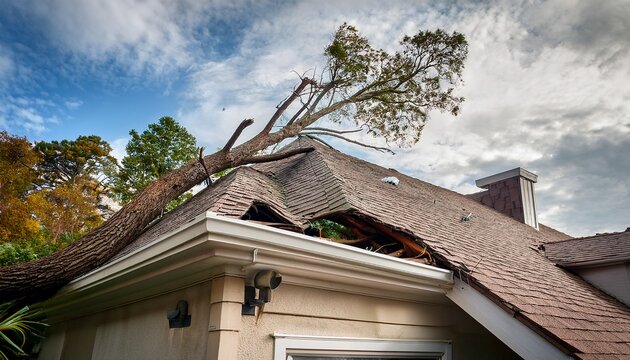 a fallen tree on a house roof after a hurricane symbolizing storm damage and the need for cleanup and repairs
